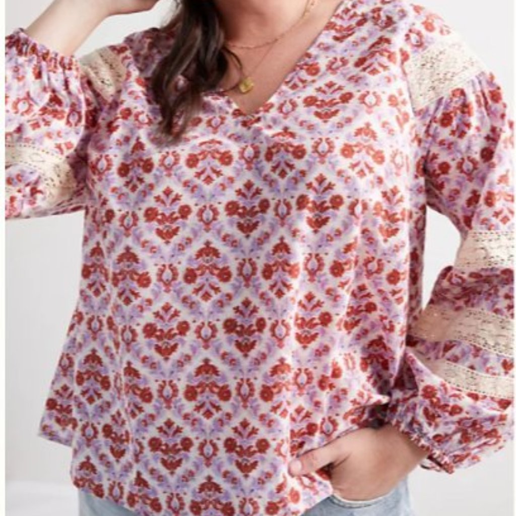 Anthropologie Yvonne Lace 3x Blouse Purple  Red Lace Insets Eze Sur Mer Brand